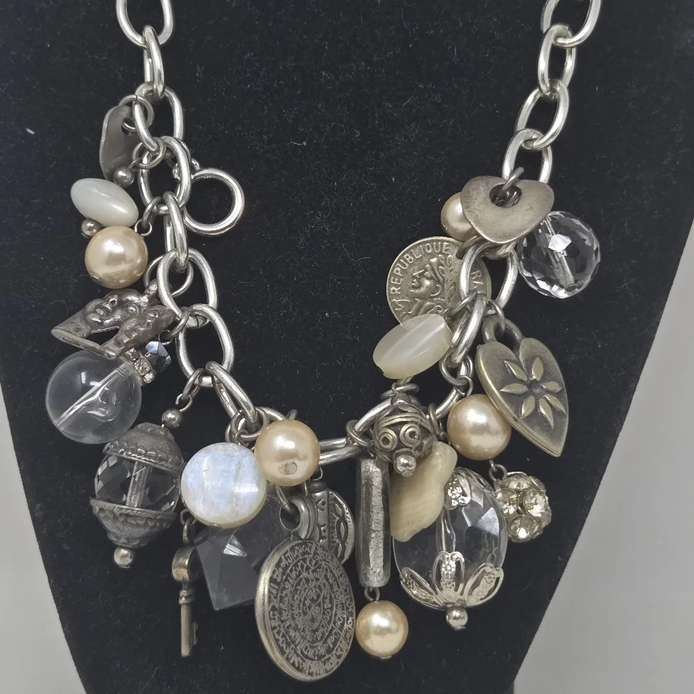Chunky Silver‎ Chain Necklace Large Heart Charms Vintage Y2K Style Statement
